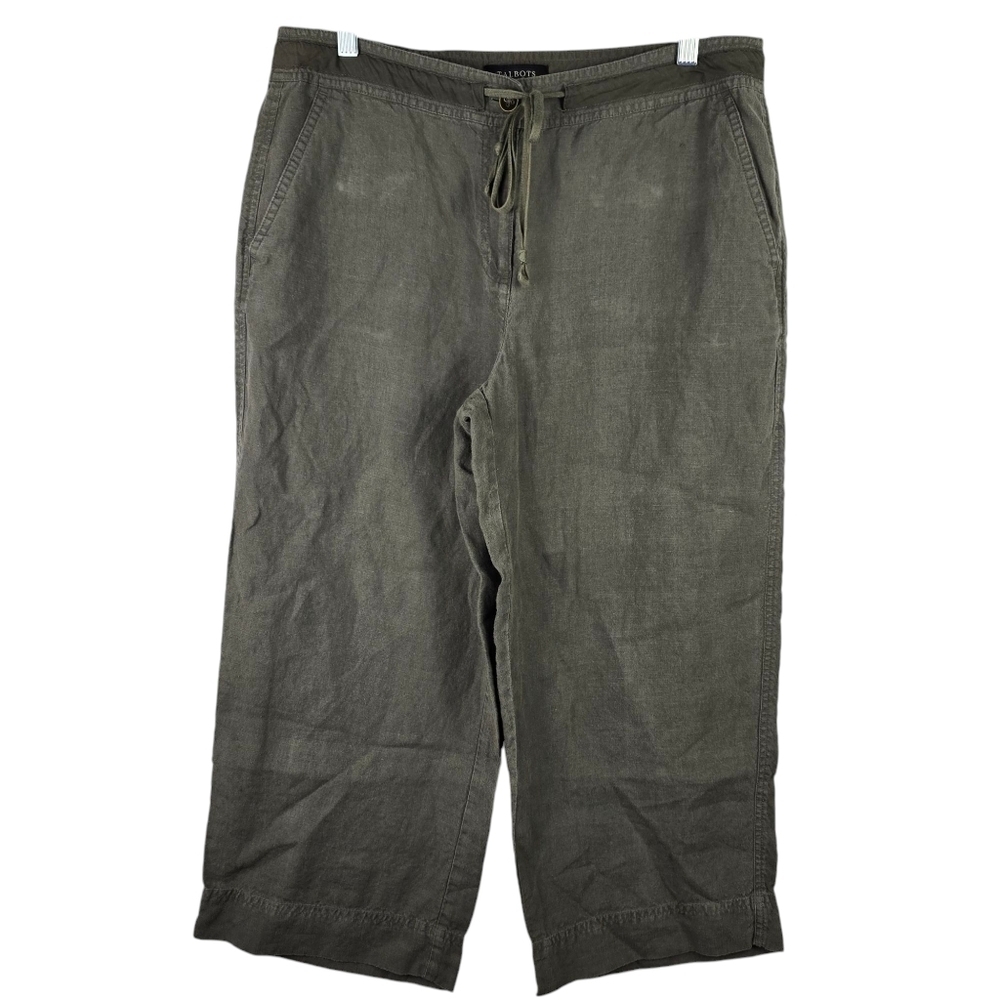 Talbots Womens Irish Linen Baggy Fit Crop Pants Elastic Waist Khaki GreenSize 12